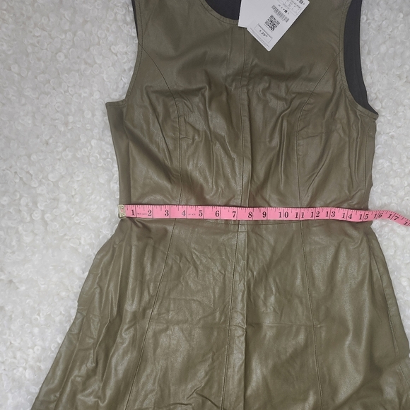 BNWT Stradivarius Olive Faux Leather Flare Midi Dress Sz L Sleek Look Night Out - Picture 8 of 9